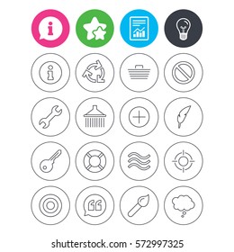 Information, light bulb and report signs. Universal icons. Information, shopping basket and shower. Repair tool, home key and brush. Comic speech bubble, target aim and quotes. Favorite star symbol