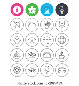 Information, light bulb and report signs. Travel icons. Ship, plane and car transport. Beach umbrella, palms and cocktail. Swimming trunks. Rose or tulip flower. Favorite star symbol. Flat buttons