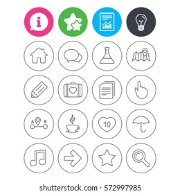 Information, light bulb and report signs. Universal icons. House building, speech bubbles and first aid box. Copy documents, like counter and hot coffee drink. Map pointer, arrow and favorite star