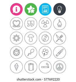 Information, light bulb and report signs. Universal icons. Quotes, ribbon heart and cake. Clover, mushroom and ice cream. Smoking, knife and fork. Favorite star symbol. Flat buttons. Vector