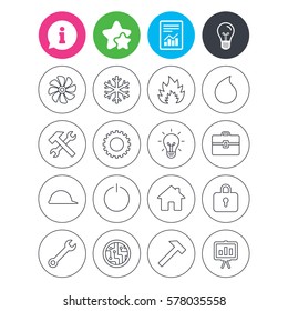 Information, light bulb and report signs. Engineering icons. Ventilation, heat and air conditioning symbols. Water supply, repair service and circuit board thin outline signs. Lamp, house and locker