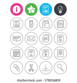 Information, light bulb and report signs. Documents linear icons. Accounting, book and calendar symbols. Paper clip, scissors and download arrow thin outline signs. Mail envelope and file chart