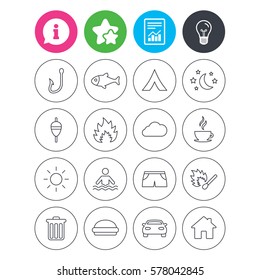 Information, light bulb and report signs. Camping and fishing icons. Tourist tent, fire and match symbols. Coffee cup and hamburger. Car and house. Fish, hook and float bobber thin outline signs