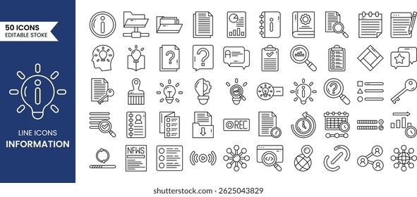 Information line editable icon set. Containing info center, help, guide, support, news, about us, manual and more. Vector illustration