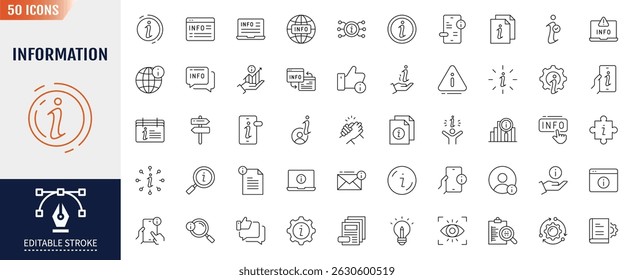 Information line editable icon set. Containing Help, info, question and more. Vector illustration