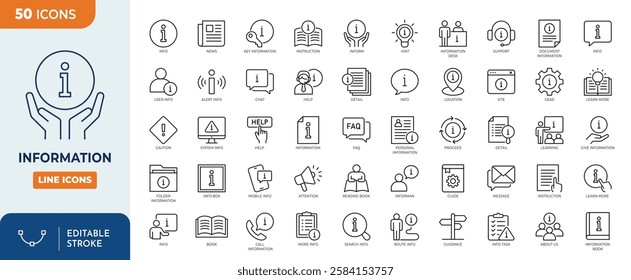 Information Line Editable Icons set. Containing info, help, inform, support, news, about us, instructions and more. Vector illustration