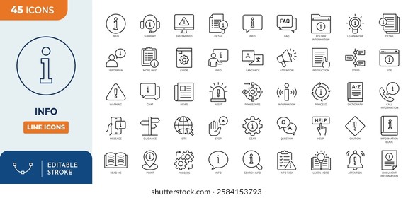 Information Line Editable Icons set. Contains icons instructions, info center, manual, rule, guide, reference, help and more. Vector illustration