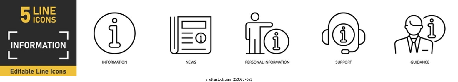 Information line icon set. Set of 5 outline icons related to information, news, personal information, support, guidance and more. Vector illustration.