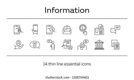 Information line icon set. Client, care, smartphone, money. Customer support concept. Can be used for topics like mobile chat, communication, online help.