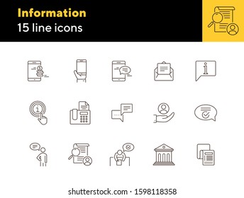 Information line icon set. Client, care, smartphone, money. Customer support concept. Can be used for topics like mobile chat, communication, online help.