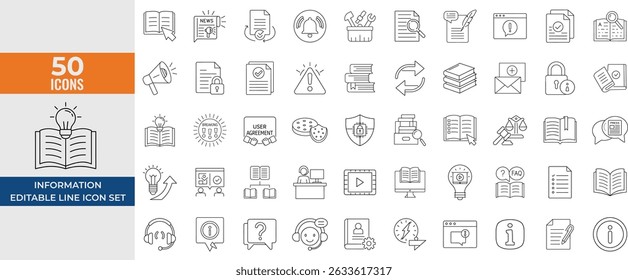 Conjunto de ícones da linha de informação - Ajuda, Suporte, Guia, Manual, Política de privacidade, Instrução - Vetor editável