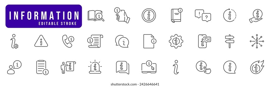 Information line icon set. Info, point, fag, question, speech, answer, book etc. Editable stroke
