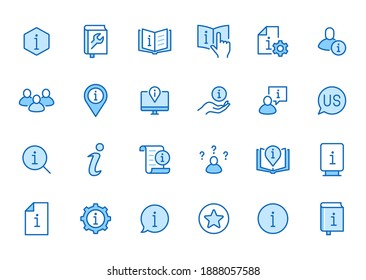Information line icon set. Privacy policy, manual, rule, instruction, inform, guide, reference minimal vector illustration. Simple outline sign tutorial app ui. Blue color, Editable Stroke.