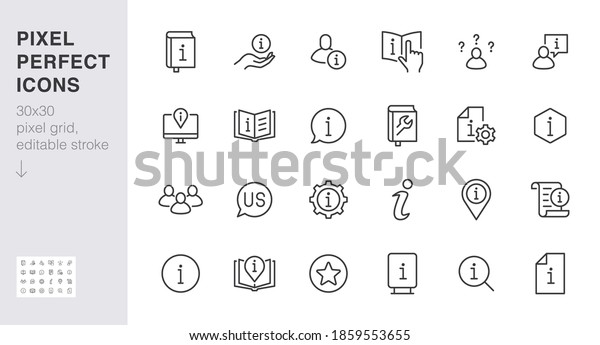 Information line icon set. Privacy policy,
manual, rule, instruction, inform, guide, reference minimal vector
illustration. Simple outline sign tutorial app ui 30x30 Pixel
Perfect Editable
Stroke.