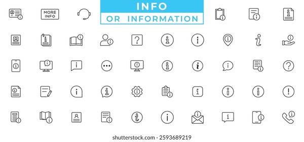 Information line icons. Containing info, help, inform, support, news, about us, instructions, and notice icons collection