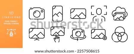 Information line icons set. Editable stroke, database, photo, picture, camera, scan, recognition, upload, rotate, add, smartphone, desktop, wallpaper. technology concept. Vector black line icons set