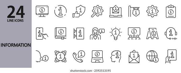 Information line icons set with Help, Support, Answer, Search, Service, Manual, Consultation, Instruction and more. Editable Stroke