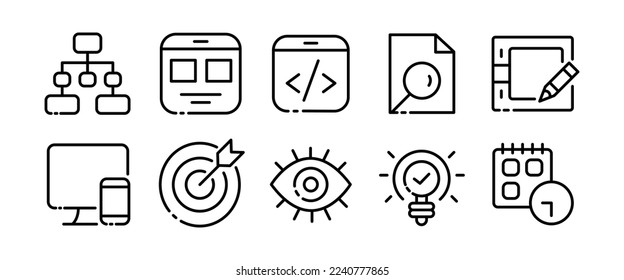 Information line icons set. Structure, graph, web page, internet, programming, focus, eye, goal, gadgets, smartphone, pc, idea, search, deadline. Technology concept. Vector black line icons set