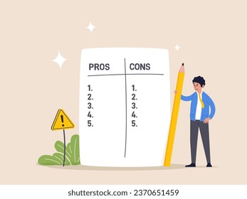 Information list concept. Pros and cons comparison for making business decisions, advantage, positive and negative analysis, thoughtful businessman listing business pros and cons to consider benefits.