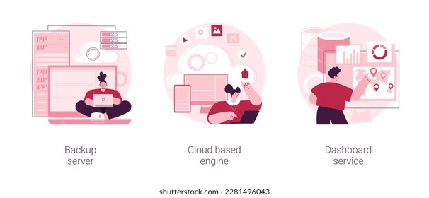 Information management abstract concept vector illustration set. Backup server, cloud based engine, dashboard service, virtual machine application, key performance metrics abstract metaphor.