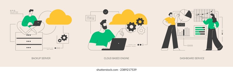 Information management abstract concept vector illustration set. Backup server, cloud based engine, dashboard service, virtual machine application, key performance metrics abstract metaphor.