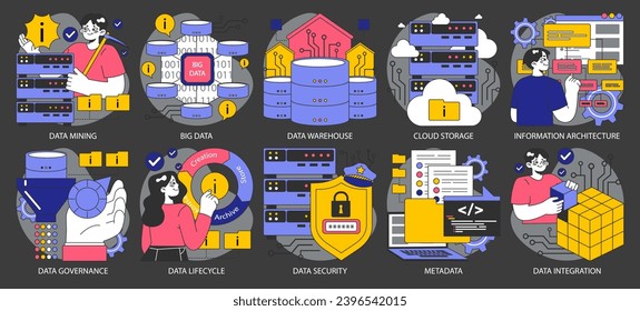 Information management dark or night mode set. Data mining, storage, processing and security. Stages of data lifecycle, governance, and integration. Flat vector illustration