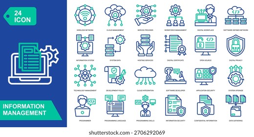Conjunto de colecciones de iconos de administración de información. Red inalámbrica, gestión de la nube, proveedor de servicios, gestión de la fuerza de trabajo. Iconos del vector del color de línea