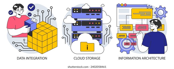 Information management set. Data mining, storage, processing and security. Stages of data lifecycle, governance, and integration. Flat vector illustration