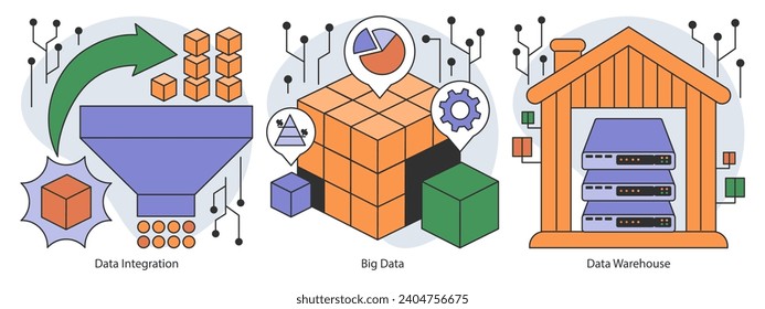 Conjunto de administración de la información. Minería de datos, almacenamiento, procesamiento y seguridad. Etapas del ciclo de vida, la gobernanza y la integración de los datos. Ilustración vectorial plana