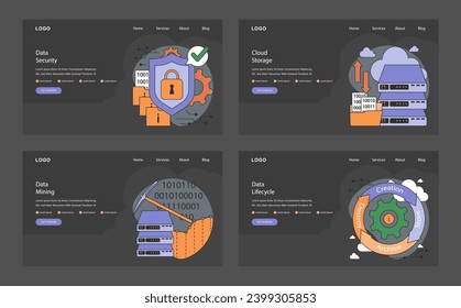 Information management web or landing dark or night mode set. Data mining, storage, processing and security. Stages of data lifecycle, governance, and integration. Flat vector illustration