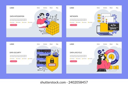 Information management web or landing set. Data mining, storage, processing and security. Stages of data lifecycle, governance, and integration. Flat vector illustration