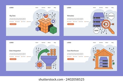Information management web or landing set. Data mining, storage, processing and security. Stages of data lifecycle, governance, and integration. Flat vector illustration