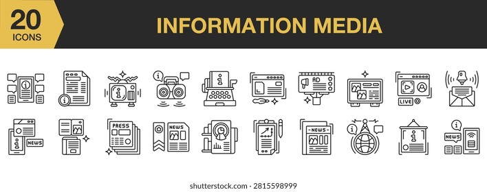 Information Media icon set. Includes news articles, broadcasts, reports, messages, digital channels, content updates and More. Outline icons vector collection.