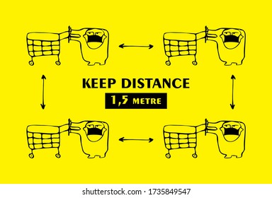 Information message. Keep your distance in the store. Vector illustration.