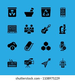 information, mortar, microscope, microphone, chemical, group, smartphone, recycle bin and beehive vector icon. Simple icons set