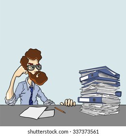 Information are need to explore. Boring work with stack of papers. Vector illustration of accounting, analysis, articles. Project Manager working overtime with documents. Man sits in office after work