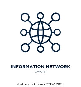 icono de red de información de la colección de equipos. Red de información lineal delgada, red, icono de contorno tecnológico aislado en fondo blanco. Signo de red de información de vector de línea, símbolo para web 