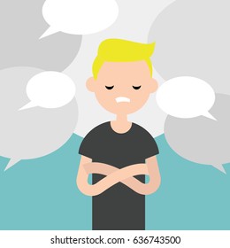 Information noise. Rumors. Young exhausted character surrounded by speech bubbles / flat editable vector illustration, clip art