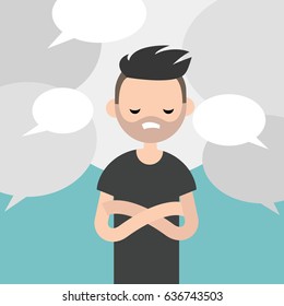 Information noise. Rumors. Young exhausted character surrounded by speech bubbles / flat editable vector illustration, clip art