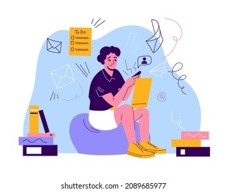 Information noise. Sad person with spam signs around. Worried guy holds gadget. Streams unnecessary data. Social media propaganda news. Man suffers from messager pressure. Vector concept