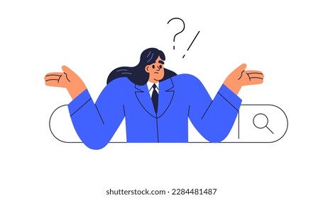 Information not found in search engine, bar. Browsing query, no result. Puzzled user, failure, problem in web, internet surfing concept. Flat vector illustration isolated on white background