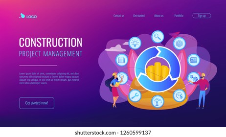 Information on full cycle of a building. Building information modeling, collaborative construction, construction project management concept. Website vibrant violet landing web page template.