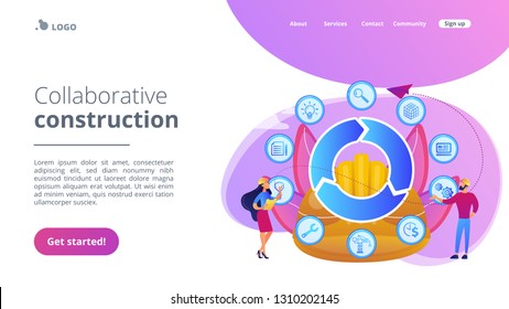 Information on full cycle of a building. Building information modeling, collaborative construction, construction project management concept. Website vibrant violet landing web page template.