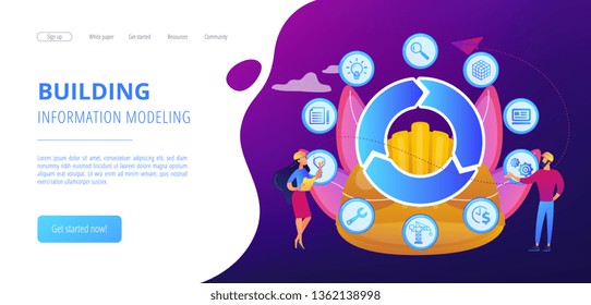Information on full cycle of a building. Building information modeling, collaborative construction, construction project management concept. Website vibrant violet landing web page template.