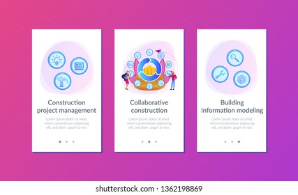Information on full cycle of a building. Building information modeling, collaborative construction, construction project management concept. Mobile UI UX GUI template, app interface wireframe