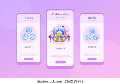 Information on full cycle of a building. Building information modeling, collaborative construction, construction project management concept. Mobile UI UX GUI template, app interface wireframe