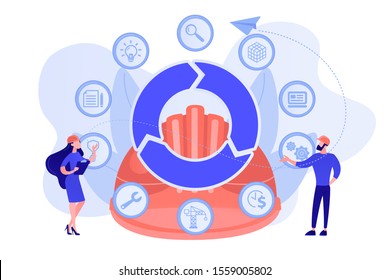 Information on full cycle of a building. Building information modeling, collaborative construction, construction project management concept. Pinkish coral bluevector isolated illustration