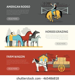 Information on horses breeds handling 3 horizontal banners webpage design with pasturing and grazing systems isolated vector illustration 