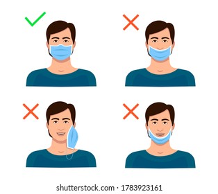 Information on how to wear the mask correctly. A man with a surgical mask on his face, under his nose, on his chin, on his ear is wrong. An erroneous position does not protect against coronavirus.