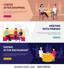 Information on restaurant service 3 flat banners webpage design with coffee bar dating abstract isolated vector illustration 